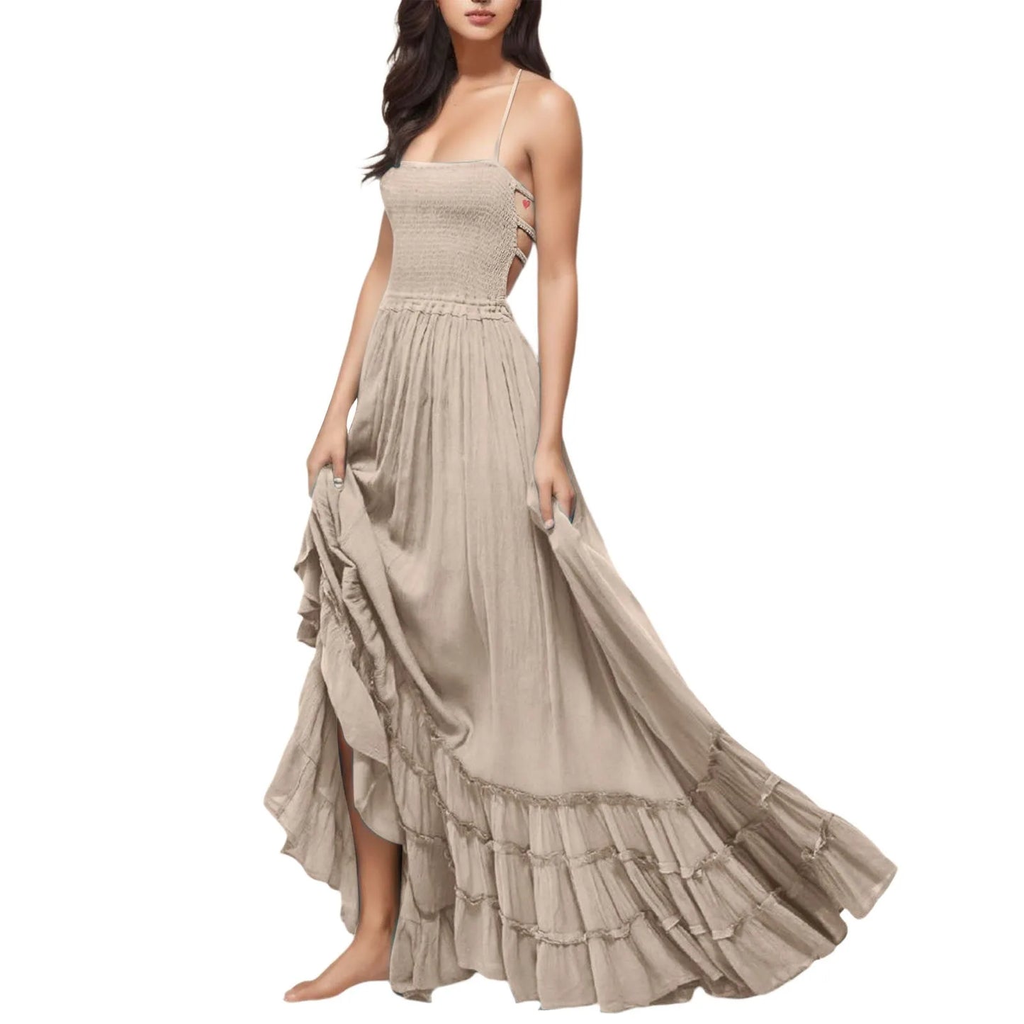 Womens Dresses 2024 Spring Summer Deep V Neck Women'S Smocked Maxi Dresses Summer 2023 Sexy Flowy Beach Long Backless Slip 롱원피스