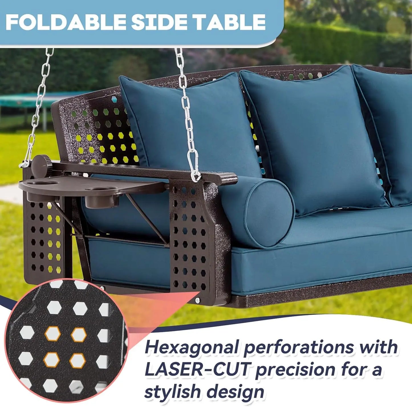 Brown Seagrass Rattan 3 Seat Porch Swing Blue Cushions Cup Holders Chains Deck Garden Backyard