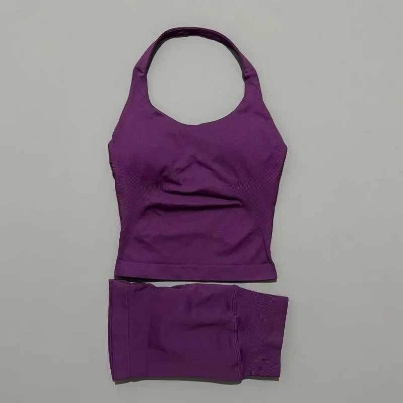 2 Pieces Shorts Yoga Set Women Backless Halter Tops High Waist Seamless Shorts Gym Suit Fitness Sportswear Workout Sets