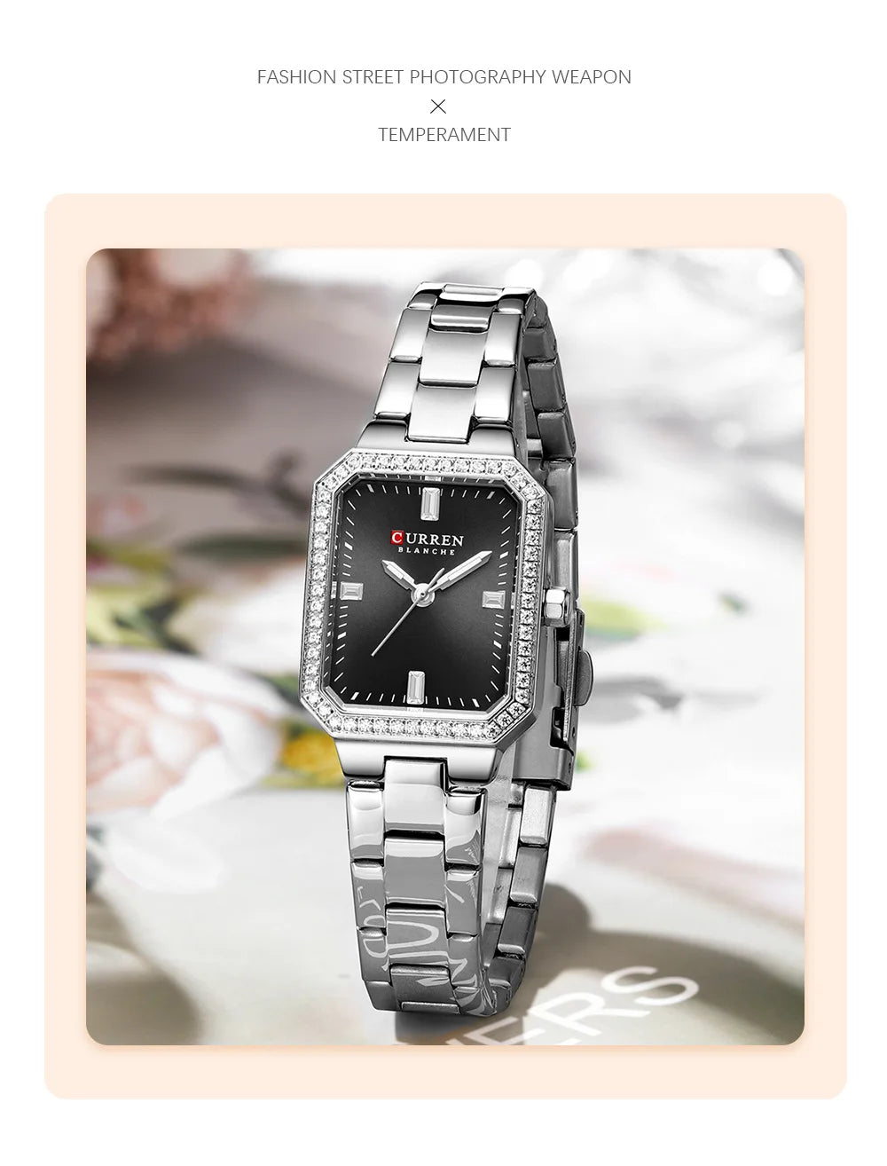 CURREN Luxurious Elegant Women's Watches Classic Rectangular Dial with Rhinestones Luminous Hands Waterproof
