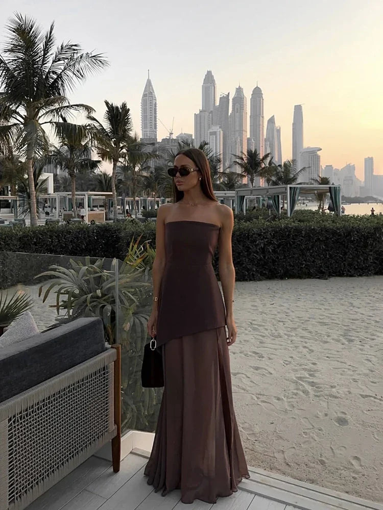 2025 Summer Women Fashion Strapless Dress With Ribbon Patchwork Elegant Sleeveless Mesh Split Dress Vacation Beach Long Dresses
