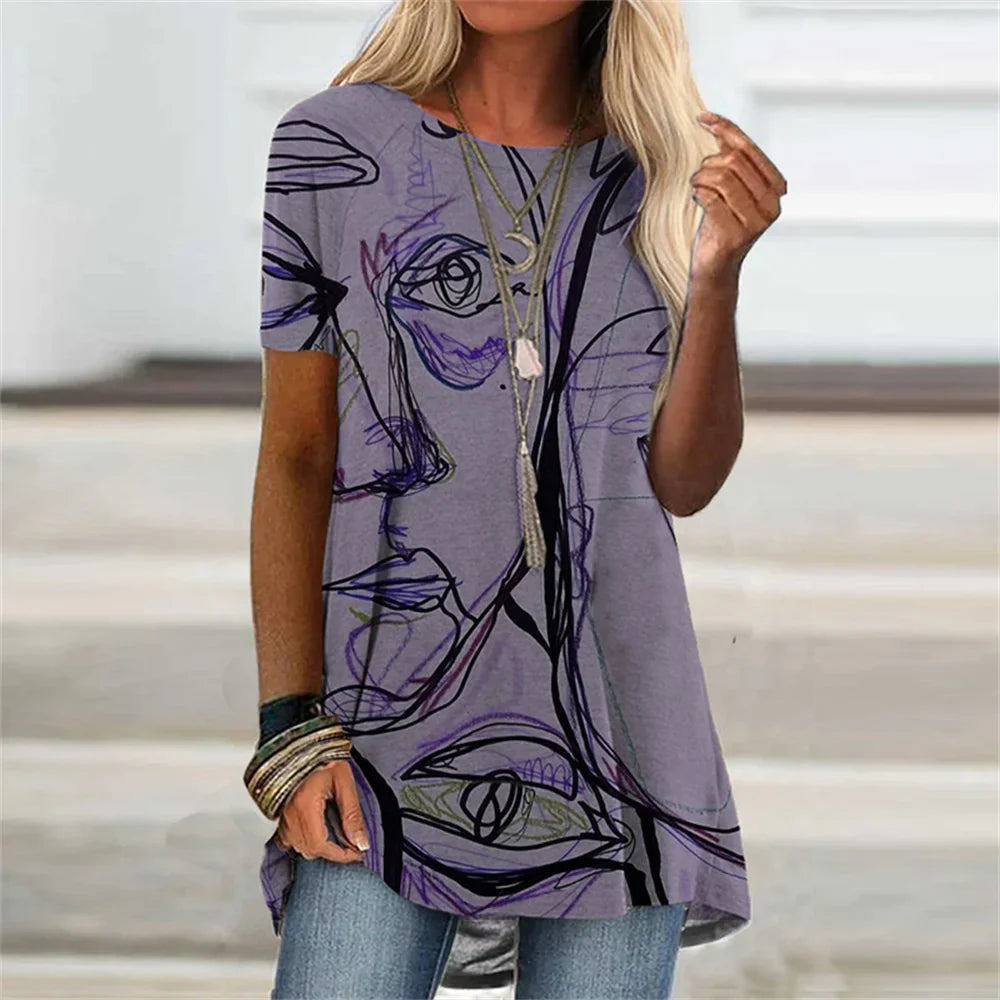 Abstract Face Graphic 3D Print T-shirt Summer Streetwear Retro Women Short Sleeve T Shirts Y2K Tops Woman Tee Oversized Clothing