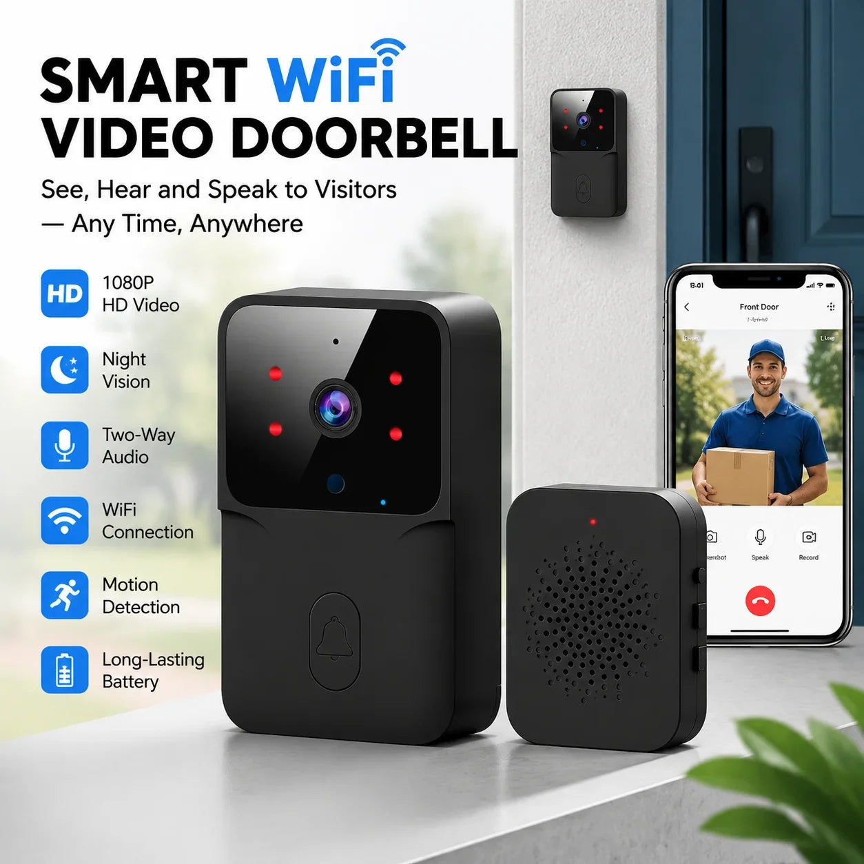 Smart WiFi Video Doorbell Wireless Door Bell Camera 1080P HD Night Vision Two Way Audio Motion Detection Remote Phone Security