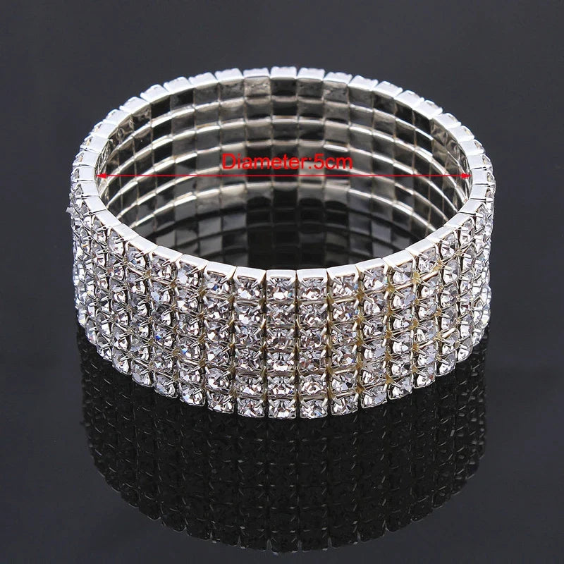 Classic Multiple Shining Rhinestone Crystal Stretch For Women Girls Bridal Wedding Wristband Elastic Bracelet Gold Silver Color