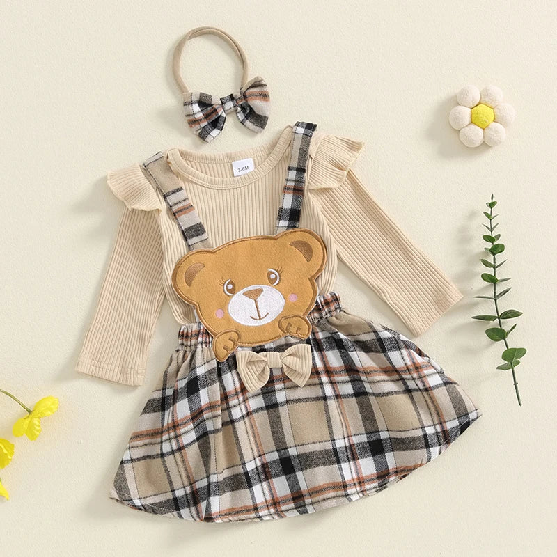 Baby Girls 3Pcs Fall Outfits Long Sleeve Romper + Bear Suspender Skirt + Headband Set Newborn Clothes
