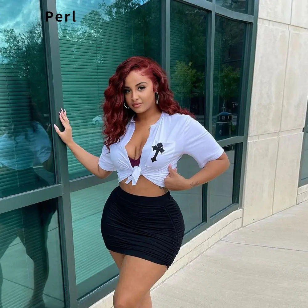 Perl White Cross Hollow Out Shirts for Women Summer Short Sleeve Female Clothes Fashion Christianity Pattern Crop Top Casual Tee
