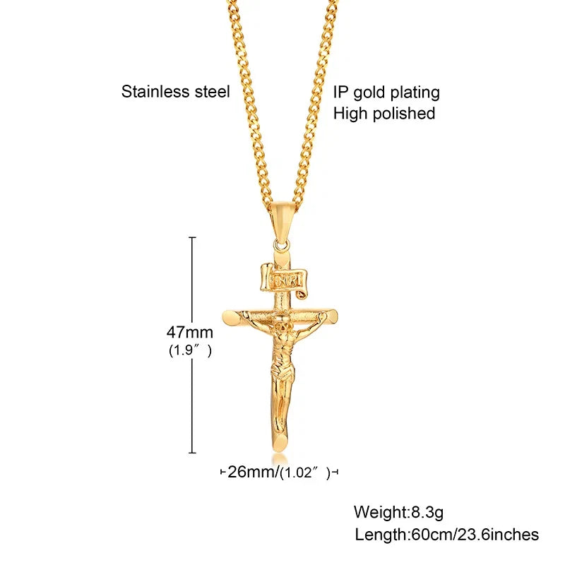 Stainless Steel Cross Necklace Catholicism Jesus Pendant Gold Color Collar Church Prayer Faith Jewelry for Men Women Gift