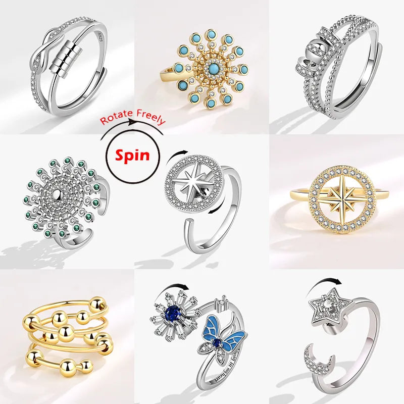2023 Fashion Beads Anxiety Ring Fidget Spinner Rings Crystal Butterfly Flower Star Moon Ring Anti Stress Jewelry Gift