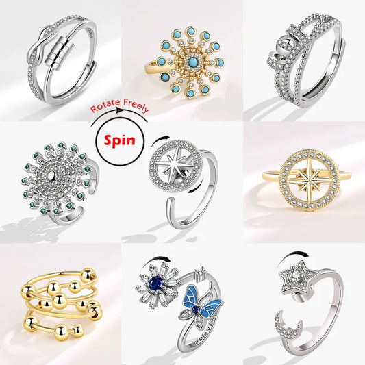2023 Fashion Beads Anxiety Ring Fidget Spinner Rings Crystal Butterfly Flower Star Moon Ring Anti Stress Jewelry Gift