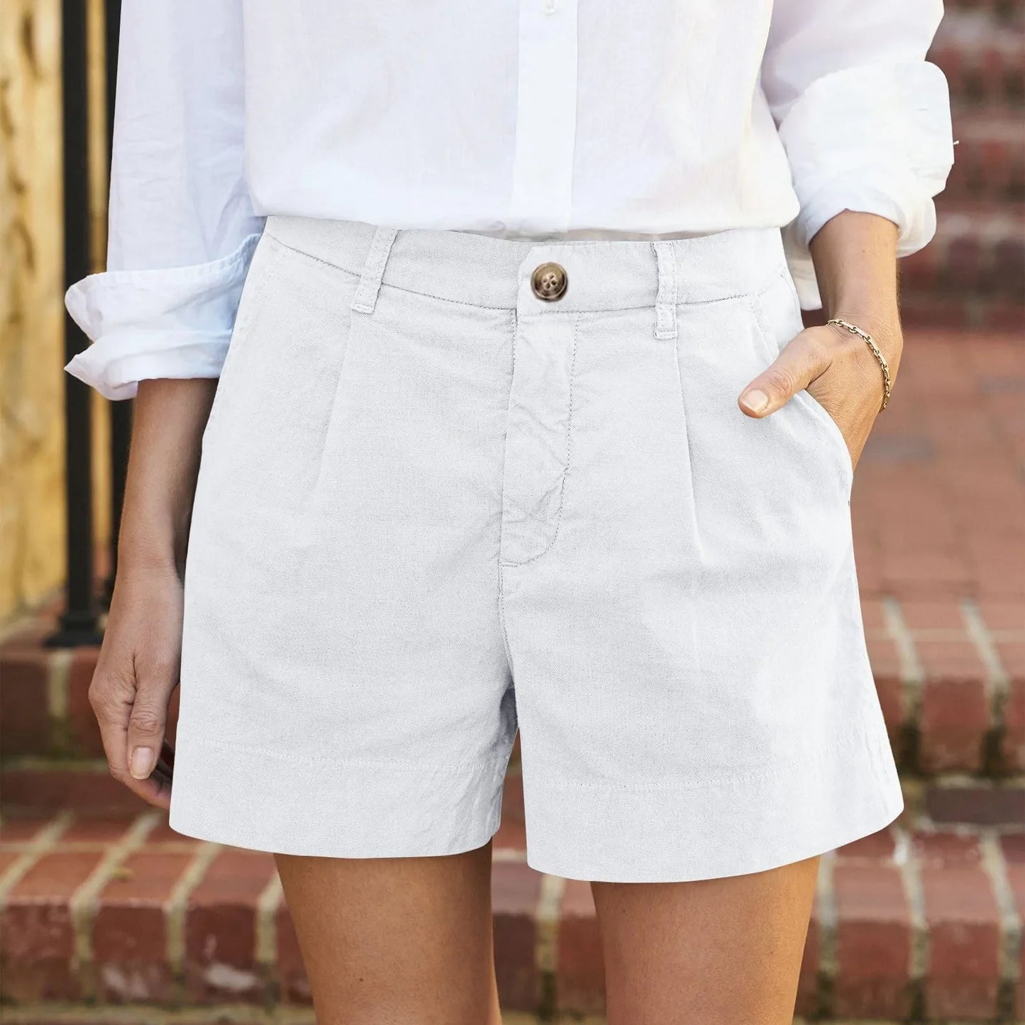 Women'S Summer Shorts Soft Stretch Twill Shorts With Side Pockets Classic Solid Straight Button Daily Commute Comfy Shorts