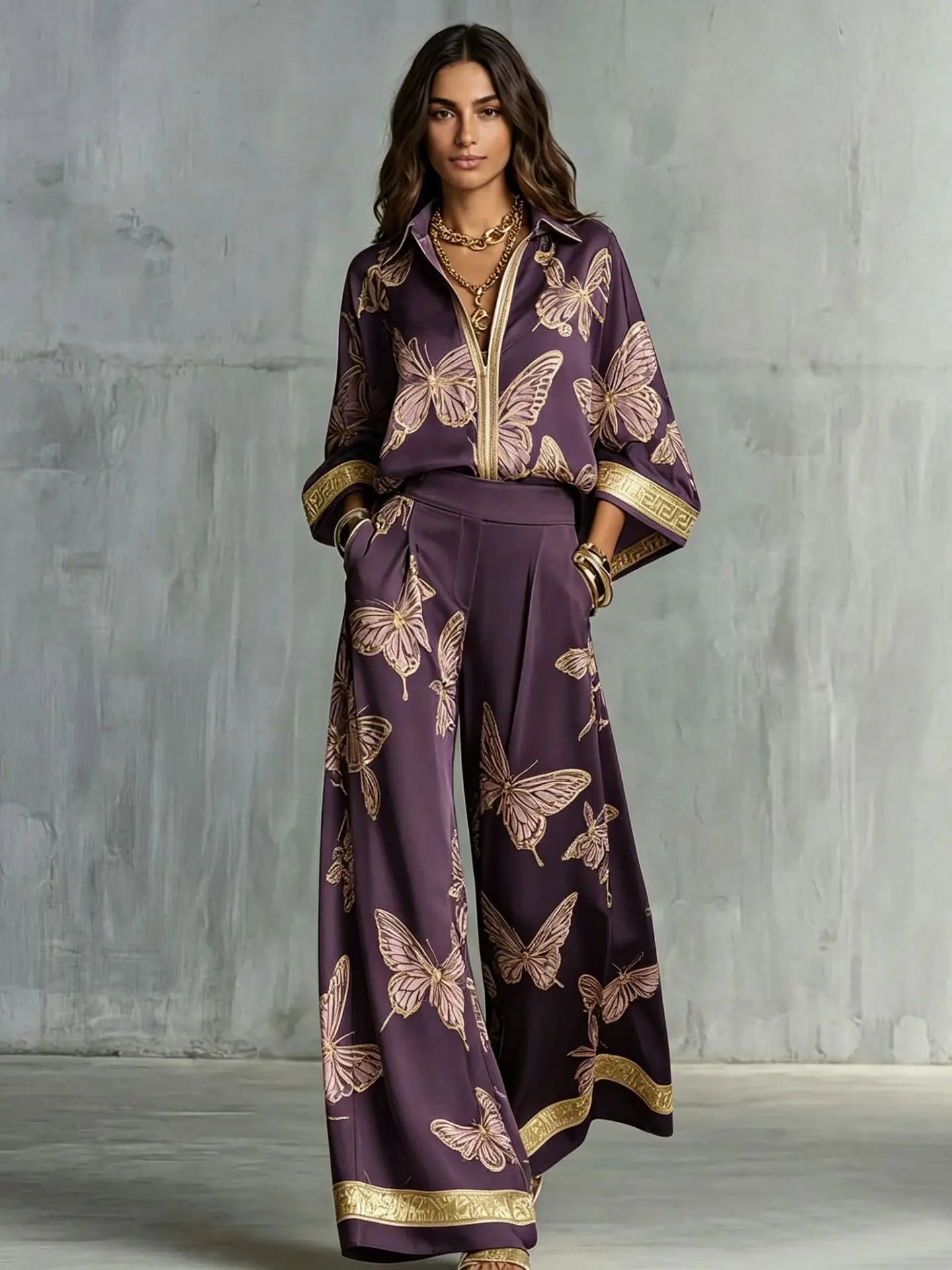 Fashion Set For Women Autumn 2026 New Loose Lapel Zipper Long Sleeve Coat Top Wide Leg Pants Two Piece Set Leisure Print Outfits