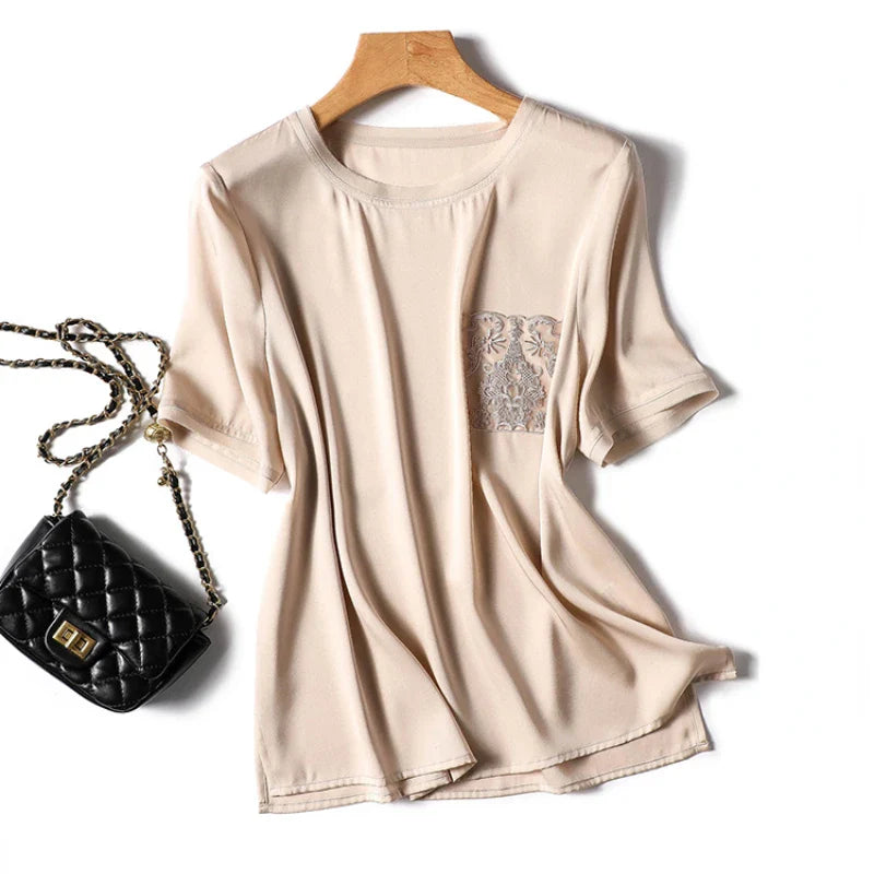 Silk T-shirt for Women Summer 2023 New In Solid Loose Satin Tees Short Sleeve Casual Top Korean T Shirt O-Neck YCMYUNYAN