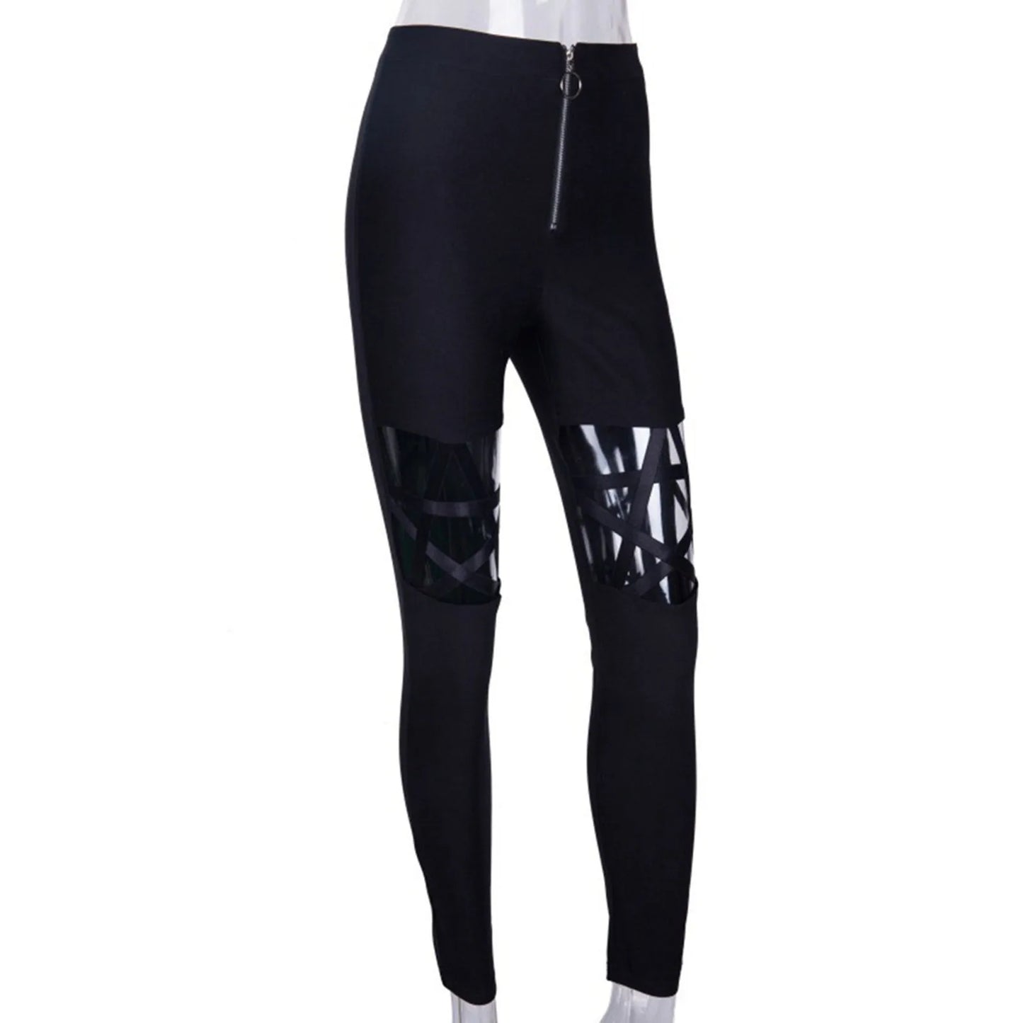 Spring Summer Women Gothic Punk Pants Female Sexy Elastic Stretch Zipper Hollow Out Skinny Pencil Pant Women Tight Trouser 2024