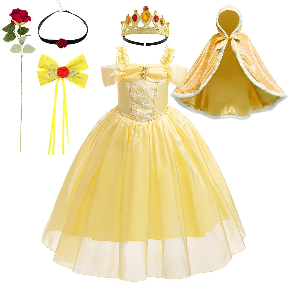 Halloween Girls Princess Belle Dress Up Evening Party Yellow Shoulderless Elegant Long Dresses Beauty Beast Fairy Costume Wig