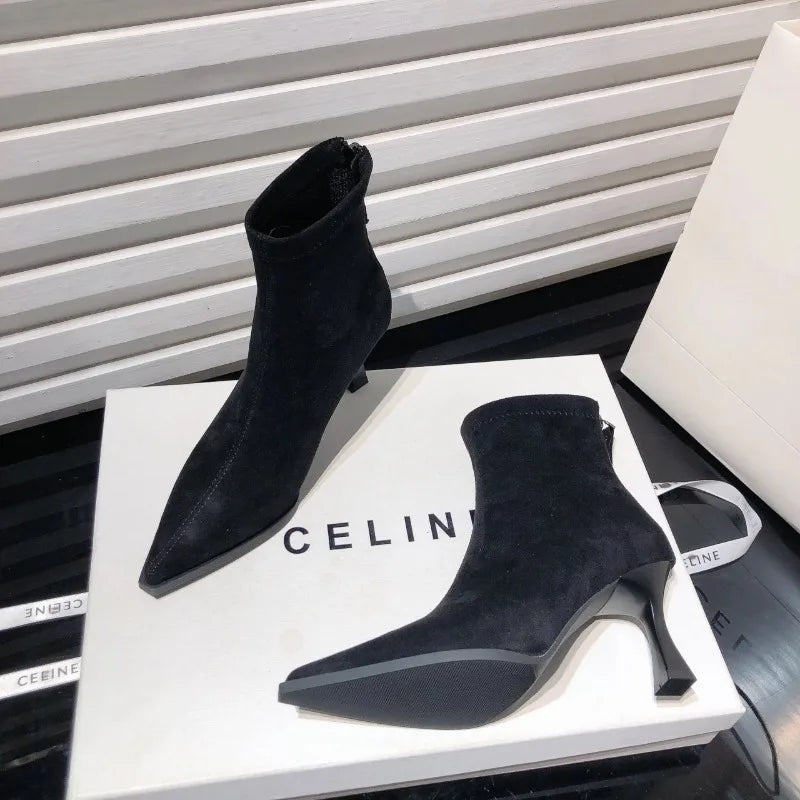 Autumn Women High Heel Leopard Print Ankle Boots, New Pointed Head Thin Heel.