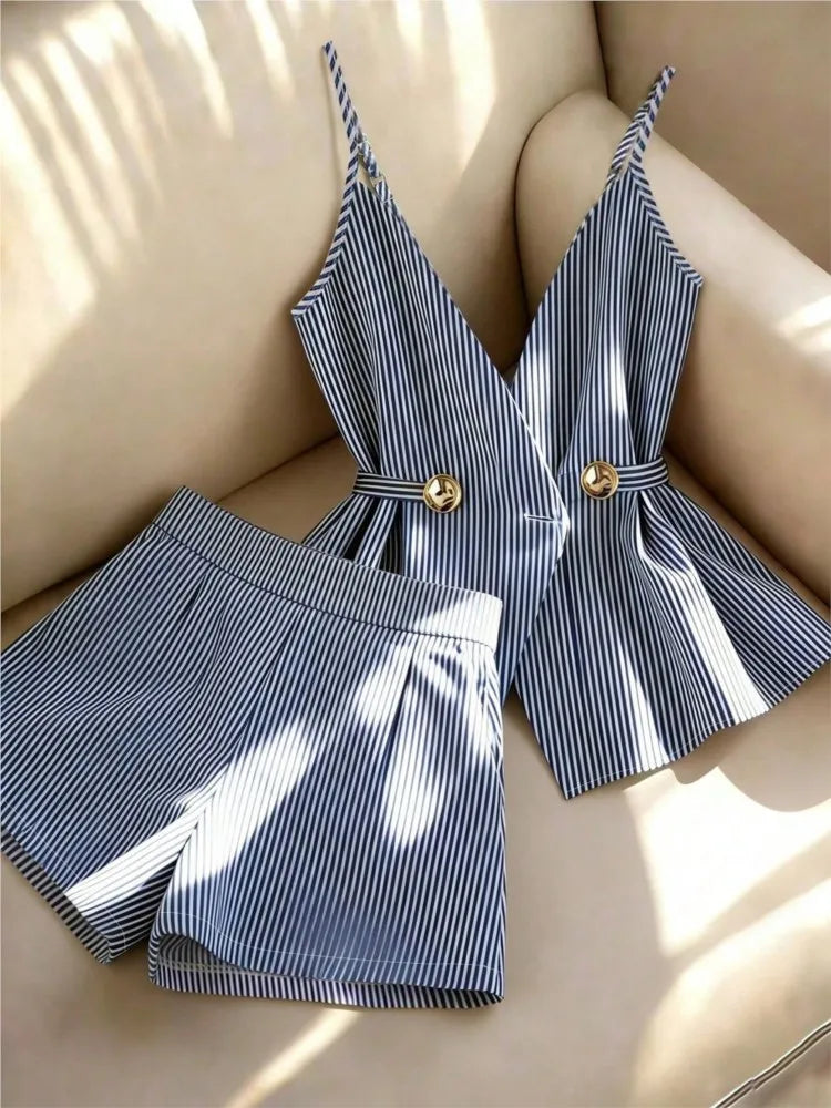Women Striped 2 Piece Set V-neck Top Lace Up High Waist Pleated Wide Leg Shorts Summer Fashion Office Ladies Commuting Outfit