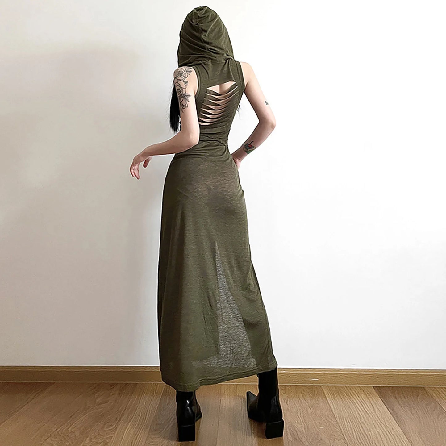 Women's Summer Fashion Dresses Personality New Hooded Loose Solid Color High Split Sexy Bandage Dress Goth Cosplay Sundresses
