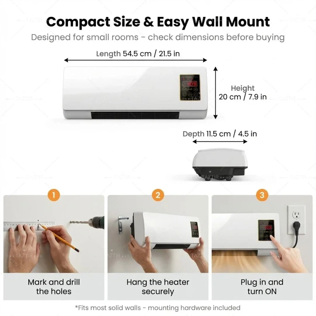 2-in-1 Wall-Mounted Heater 1400W , 6-Hour Timer, Remote Touchscreen Control, Overheat Protection.