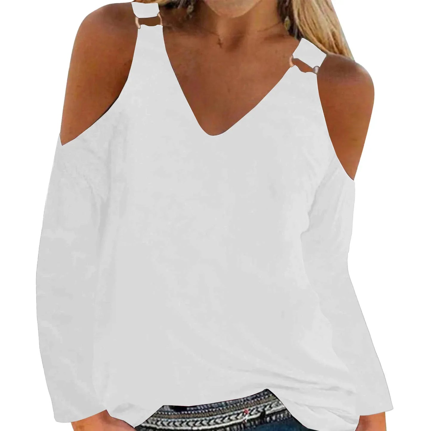 Women's V-Neck Leak Shoulder Long Sleeve Top, Loose Blouses for Women, Casual and Sexy, Youthful Clothes, Monochromatic, New
