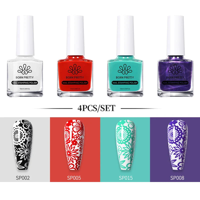 BORN PRETTY 10ml Stamping Nail Polish Set Gold Silver Black White Color Nail Printing Polish DIY for Nail Plate Design Varnish