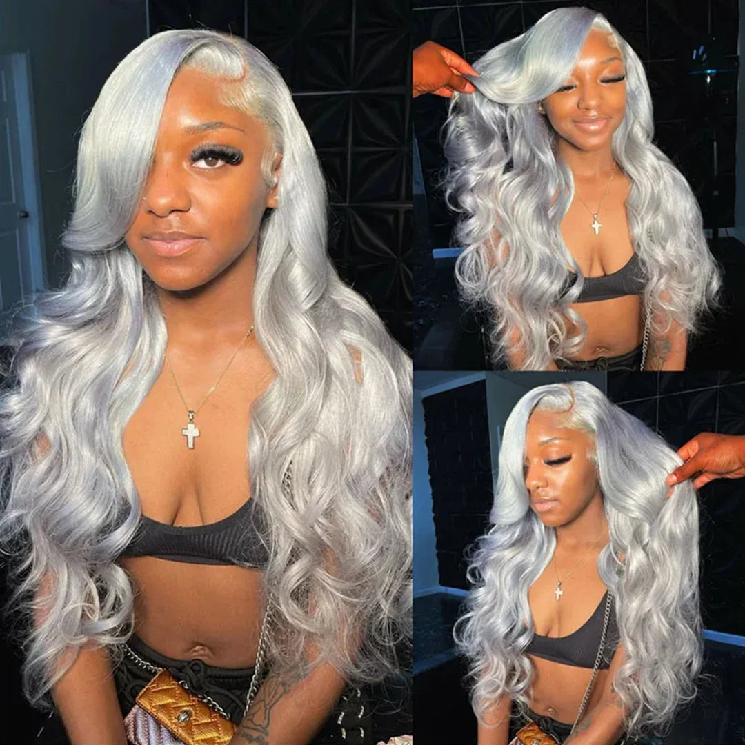 Silver Grey Body Wave Lace Frontal Wig 13x4 Lace Front Human Hair Wig For Women Preplucked Brazilian Colored Lace Human Hair Wig