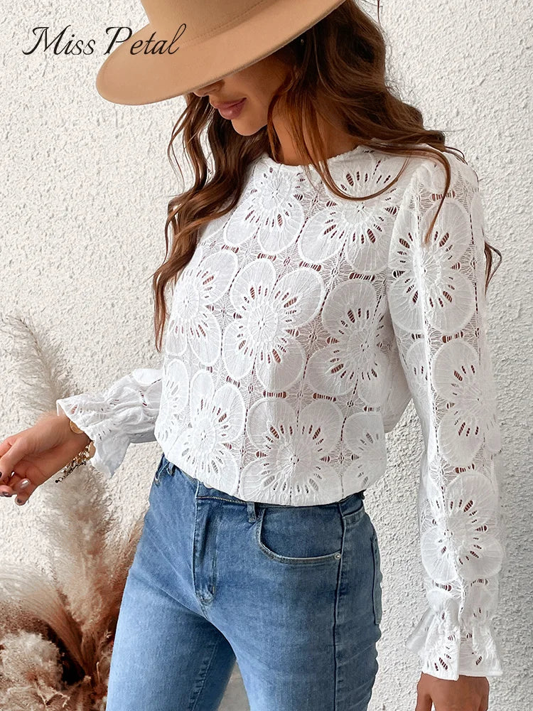 White Floral Eyelet Embroidery Blouse Top For Women Casual O-neck Long Sleeve T-shirt 2023 Spring Autumn Tee Shirts Streetwear