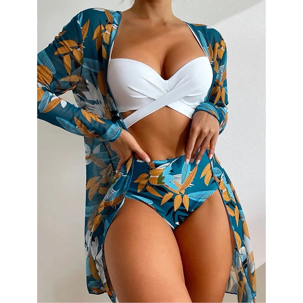 2024 3pack Swimwear Women Cover Up Bikini Set Push Up Swimsuit Biquini Swim Wear Print Bathing Suit Maillot De Bain