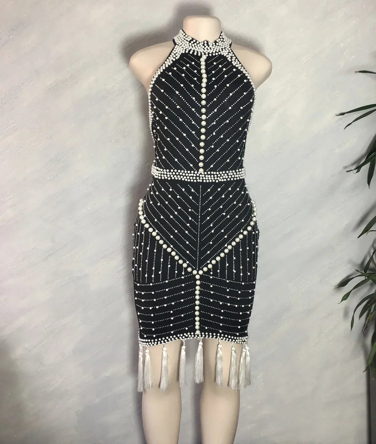 Women Summer Fall Midi Dress Halter Pearl Hot Diamond Tassel Dress Backless Sexy Club Night Party Street Bandage Dresses GL2225
