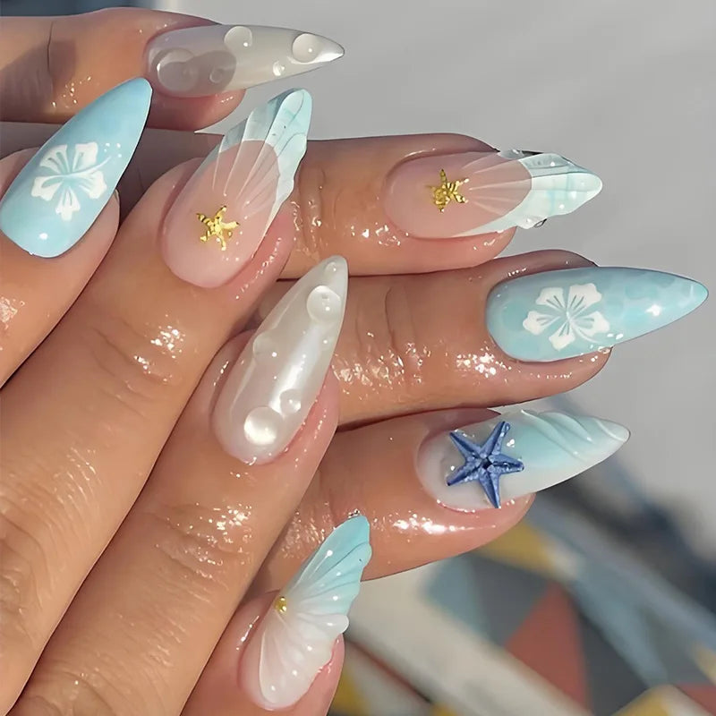 24Pcs Mid-length Almond Press on Fake Nails,3D Ripple Heart ,Pearl Star, Blue Smudge Detachable Full Cover Nails Tips.