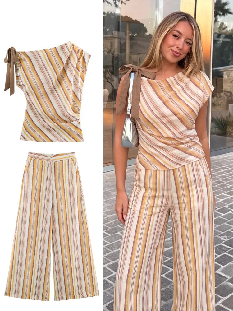 HH Women Summer Elegant Striped 2 Piece Outfit One Shoulder Top Wide Leg Pants For Dinner Date Party Vacation Holiday Wear