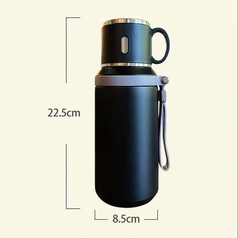 600ML Stainless Steel Insulated Bottle, with Cup Lid Rope Handle, Office, Home ,Portable Thermos Cup.