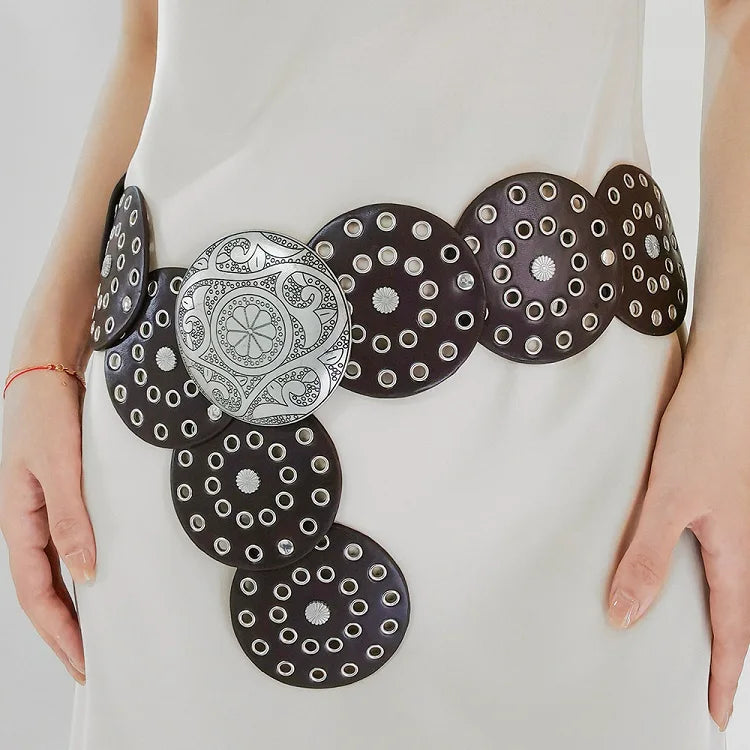 Women's Western Denim Belt High Quality Metal Hollow Ladies Trend Wide Waistband Vintage Personalized Round Belts DT148