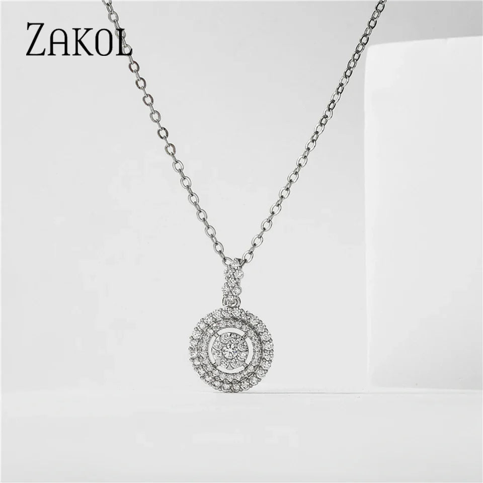 ZAKOL Simple Round Zirconia Pendant Necklaces for Women Shiny Crystal Fashion Party Dress Jewelry
