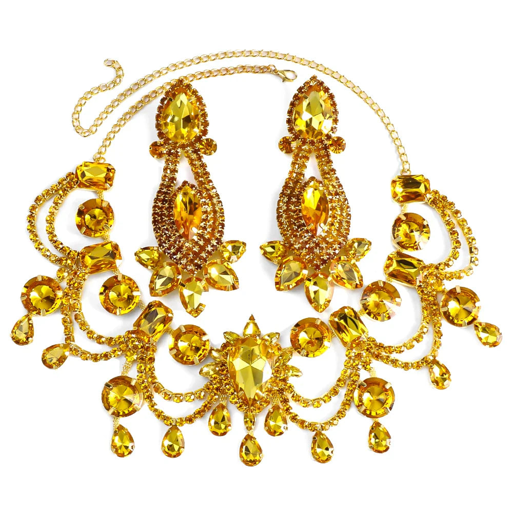 Stonefans Water Drop Tassel Necklace Earrings Sets Banquet for Women 2024 Statement Yellow Rhinestone Jewelry Set Bridal Gifts