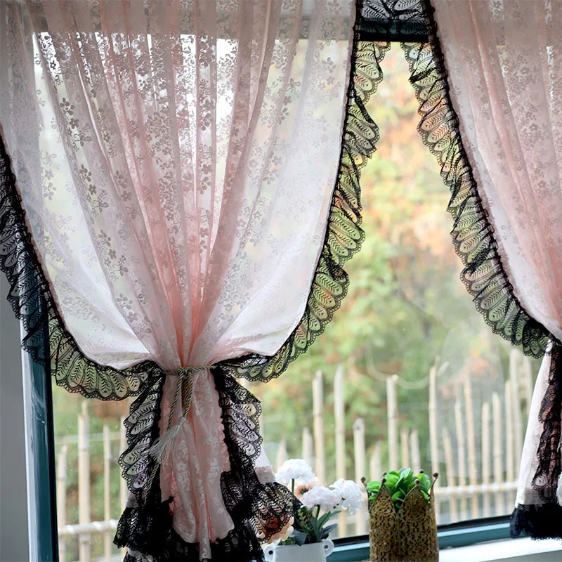 Vintage Black Lacework with Pink Jacquard Sheer Floral Curtains.