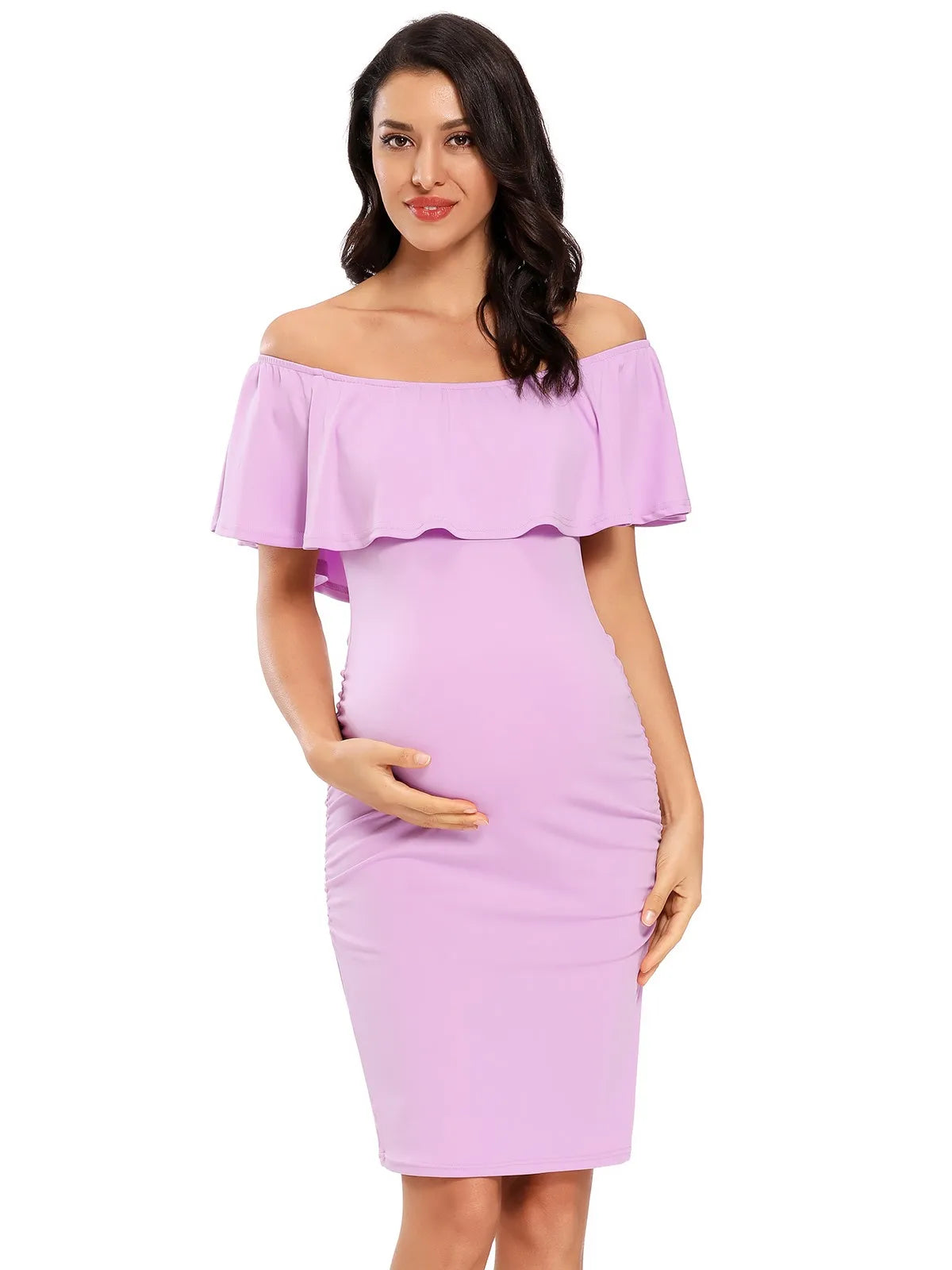 Liu&Qu Women's Maternity Dress Off Shoulder Ruffle Sleeveless Bodycon Dress Elegant Ruched Sides Bodycon Dresses for Baby Shower