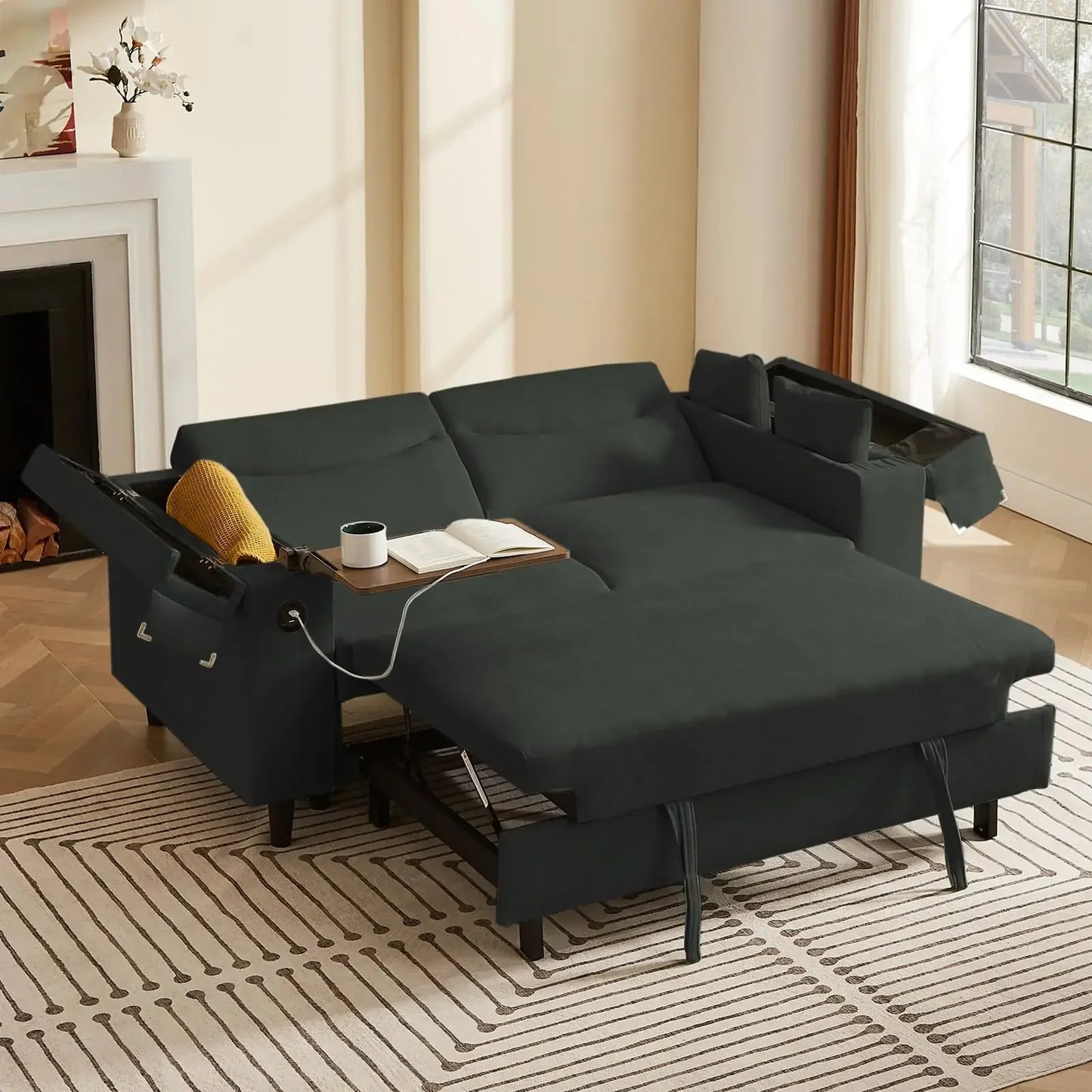 hansones 65'' 3-in-1 Folding Convertible Sofa Bed, Pullout Sofa, Modern Chenille Fabric, 360° Swivel Side Table, Easy Assembly,