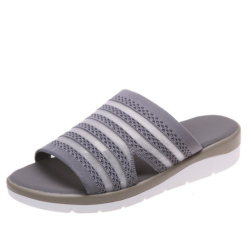 Slippers Women's 2022 Summer New Fashion Open-toe Hollow Round Head Flip-flops Flat Bottom Gray Fish Mouth Wedge Sandalias Mujer