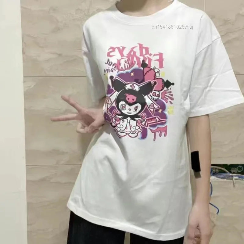 Sanrio Kuromi Summer 2023 Women's Clothes Japanese Fashion Y2k Short Sleeved White T-shirt Oversize Tops Young Girl Couples Tees