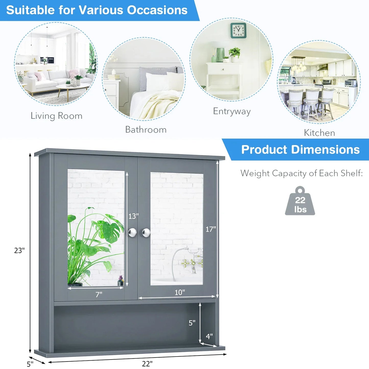 Wall Mount Mirror Cabinet Bathroom, Medicine Cabinet Organizer Grey.