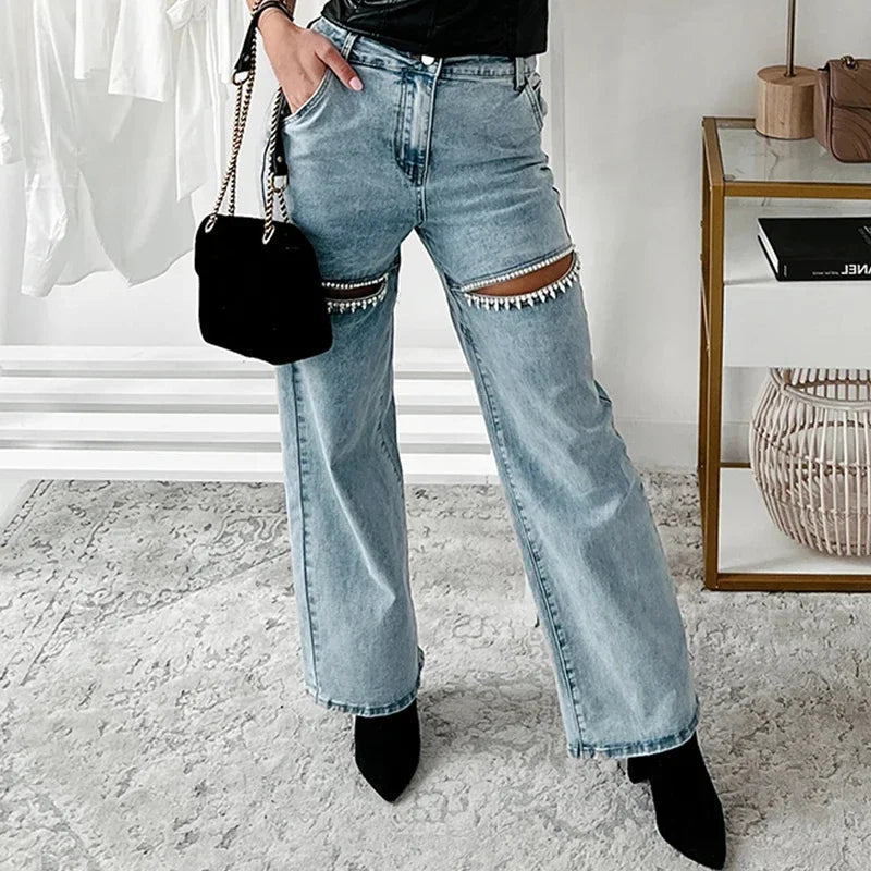 Women's Diamond Patchwork Slim Long Pants, Sexy Hollow Zipper Jeans, Casual High Waist Button Denim Trousers, Summer Fashion, 20