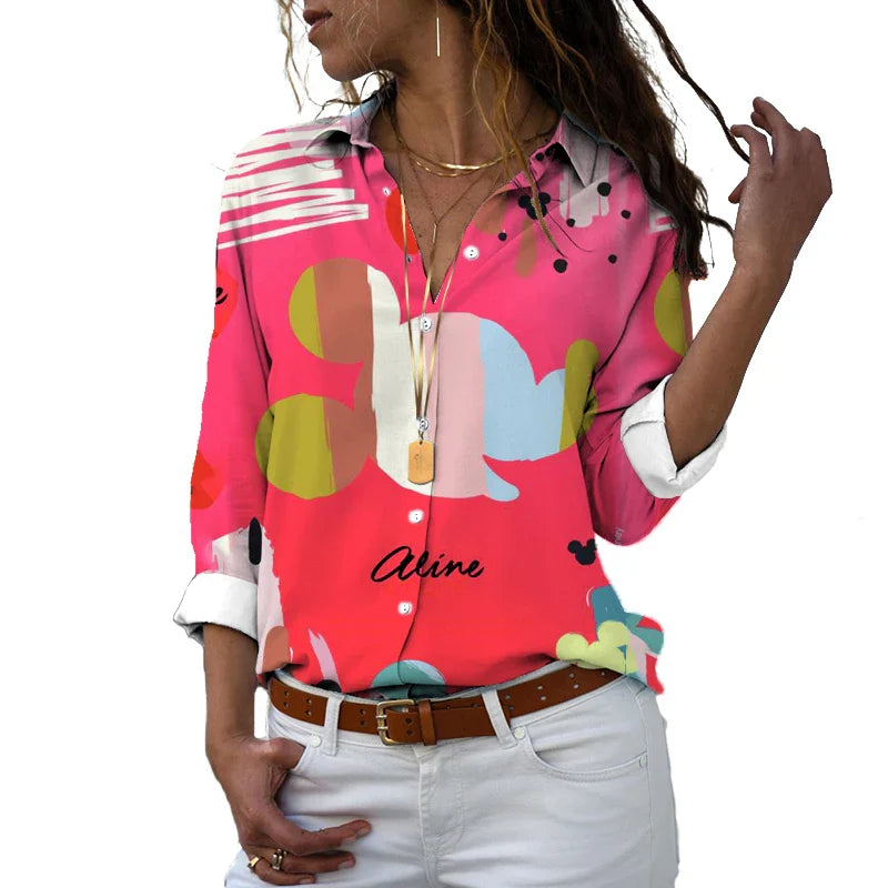 New 2024 Disney Harajuku Slim Fit 3D Print Women's Button Up Long Sleeve Lapel Mickey Minnie Casual Cute Shirt y2k