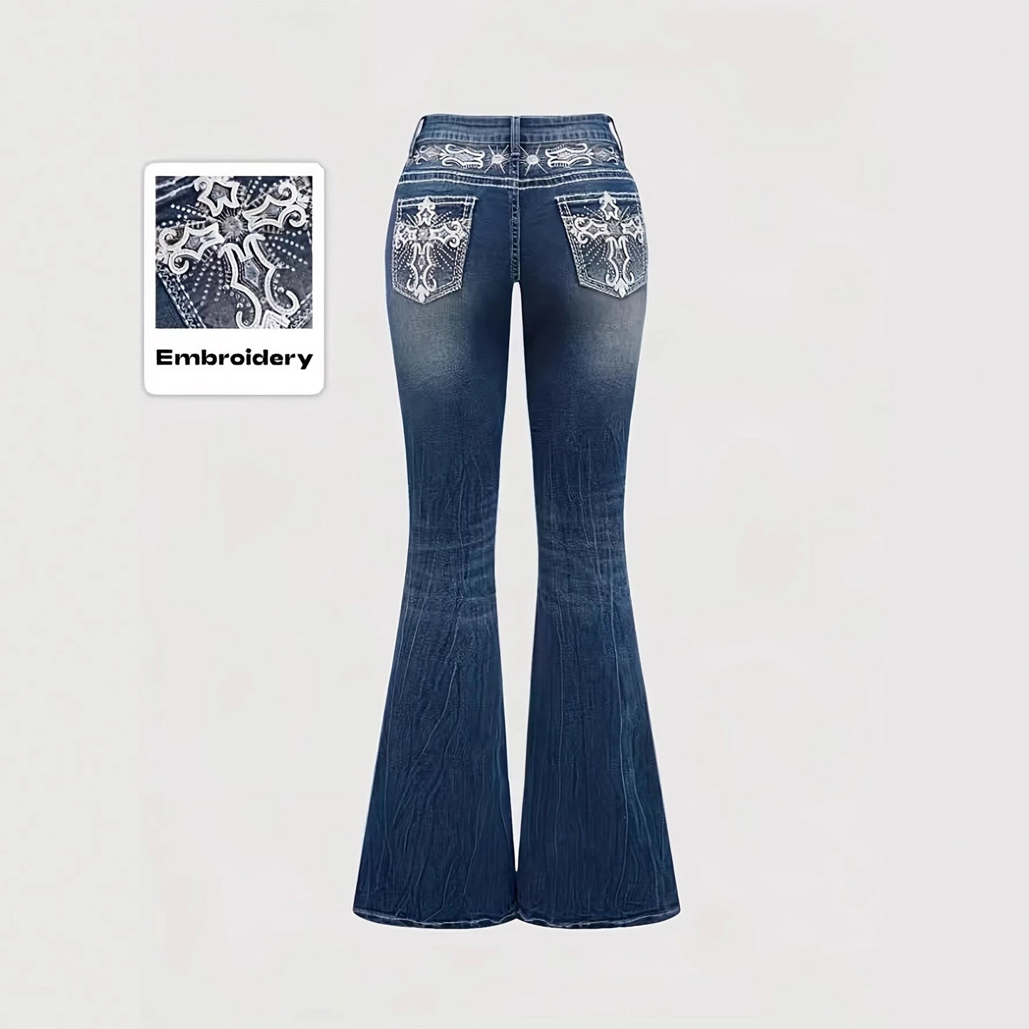2026Trendy Y2K Style Flare Jeans for Women Dark Wash Skinny Fit with Rhinestone Embroidery Pocket Streetwear Casual Denim