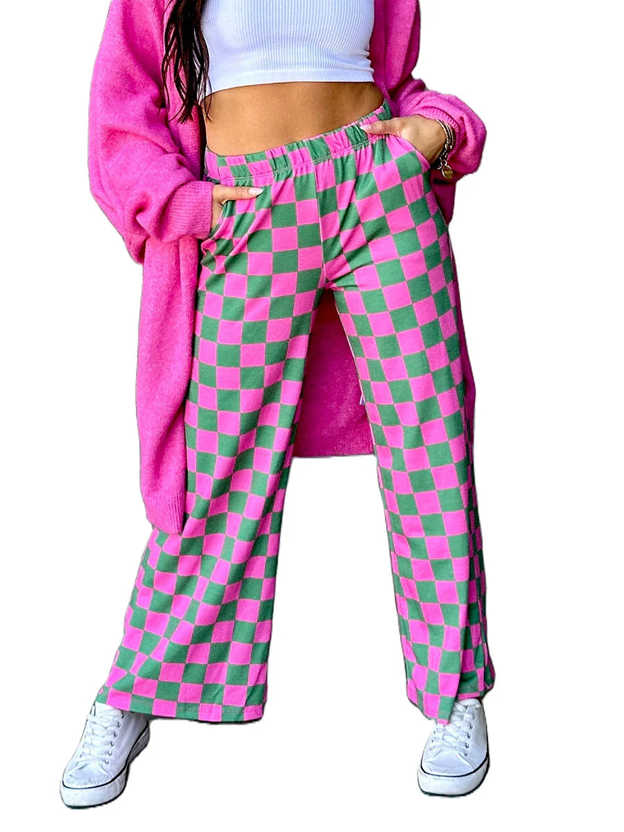 Womens Checkered Wide Leg Pants High Elastic Waisted Straight Loose Fitted LoungeTrouser Y2k Korean Streetwear