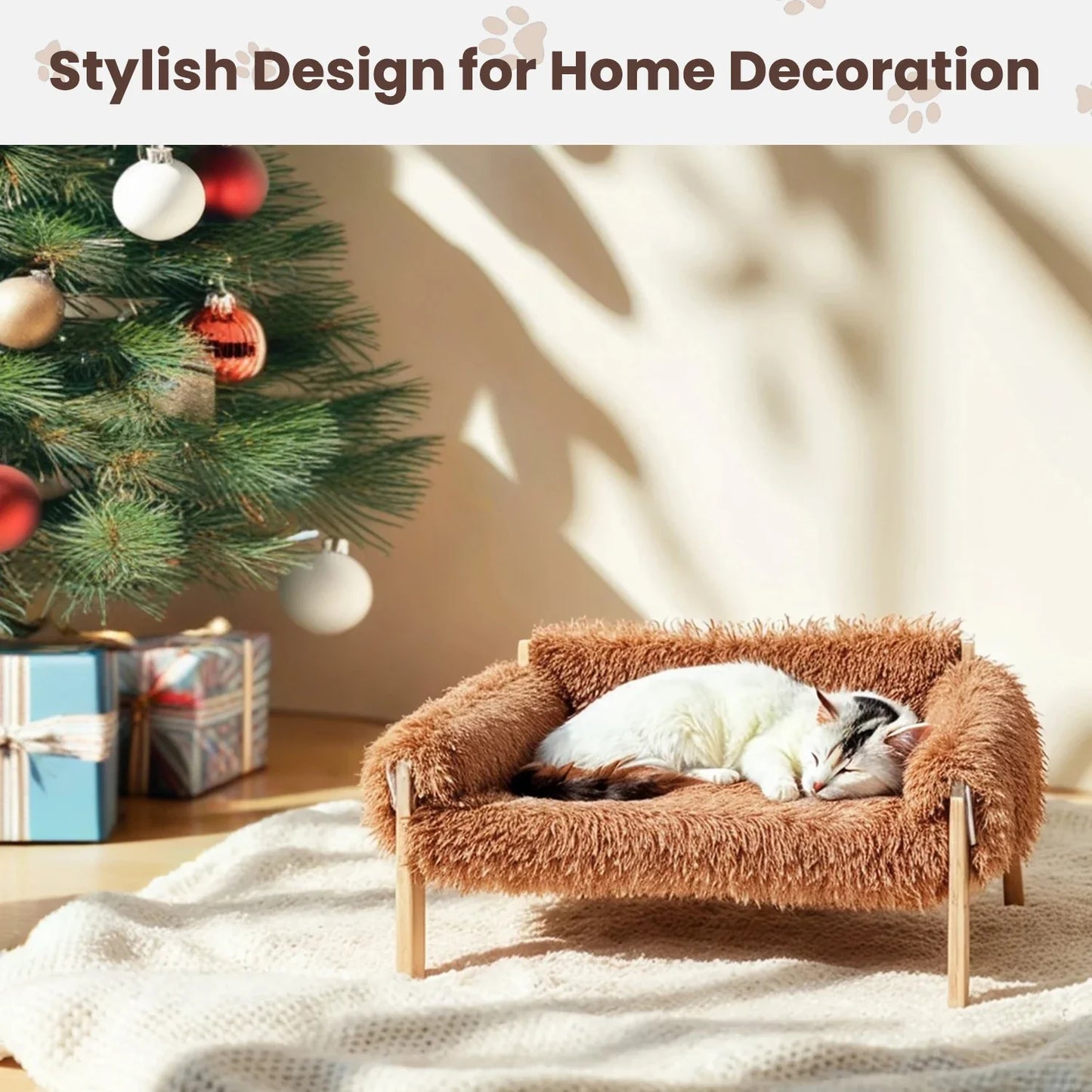 Large Cat Bed Sturdy Wooden Leg Raised Plush Cat Sofa Bed Kitten Bed for Indoor Cats - Soft Cat Couch