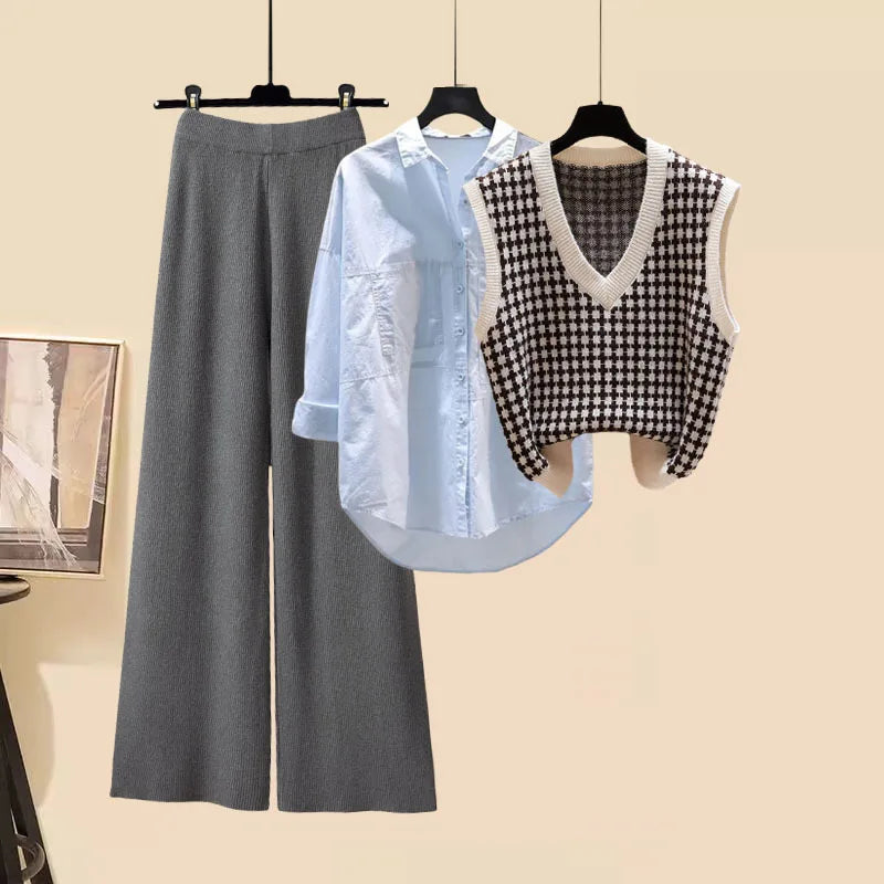 Fall Winter Knitwears 3 Pieces Set For Women Plaid Knitted Vest+solid Blouse+wide Leg Knitting Pants Sets Women Outfits 2024