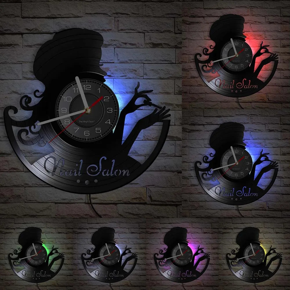 Manicure Design Wall Clock Fashion Beauty Store Wall Art Salon Vinyl Record Wall Clock Beauty Home Decor Gift For Her