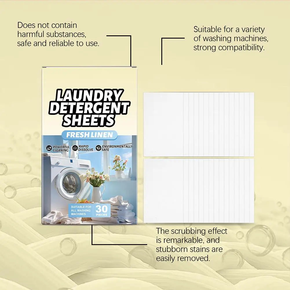 Boxed 30 Pcs Fresh Scent Laundry Tablets, Concentrated Washing Powder. Strong Cleaning Sheets.