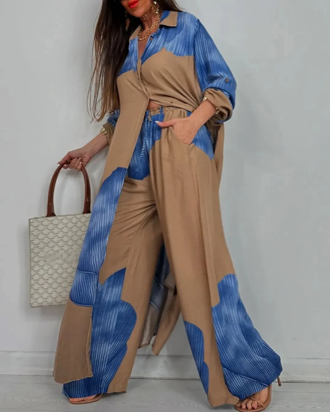 Elegant Lady Set Printed Long Shirt Top Wide Leg Pants 2-piece Outfit Casual Loose Oversized Women Sets Casual Two-piece Outfit