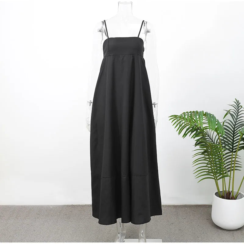 Solid Backless Spaghetti Strap Dress Women's Fashion Loose High Waist A-line Vestidos Summer Lady Holiday Street Robes 2025 New